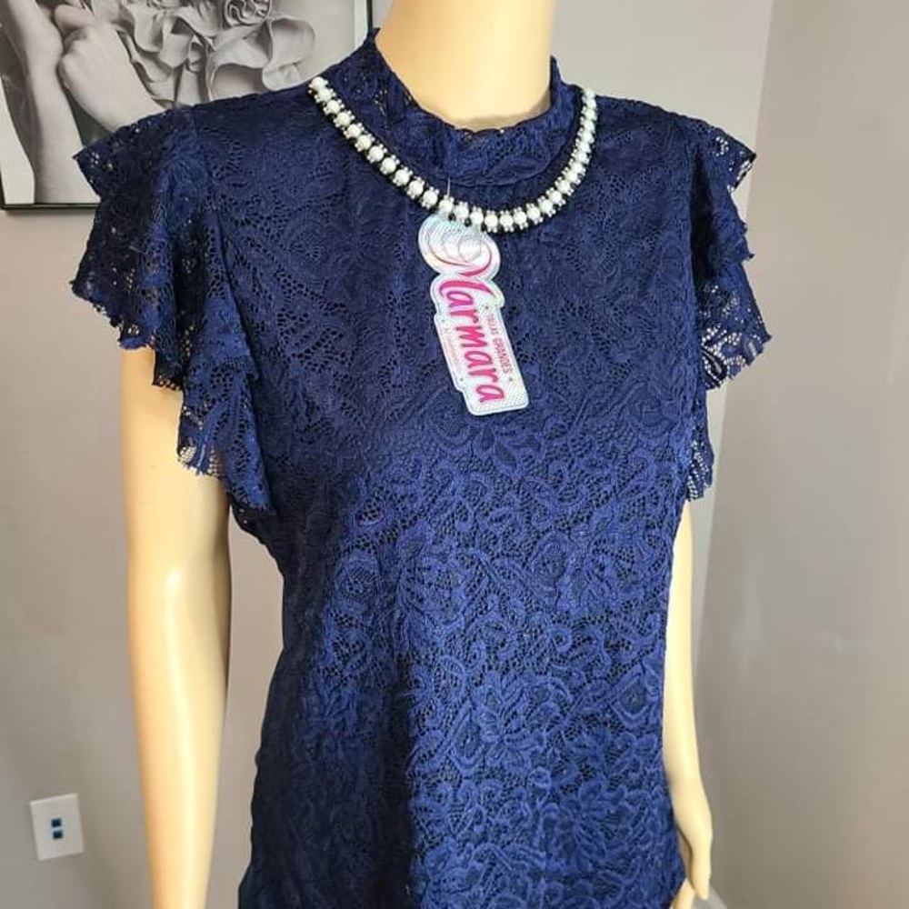 Dark Blue Blouse with Necklace